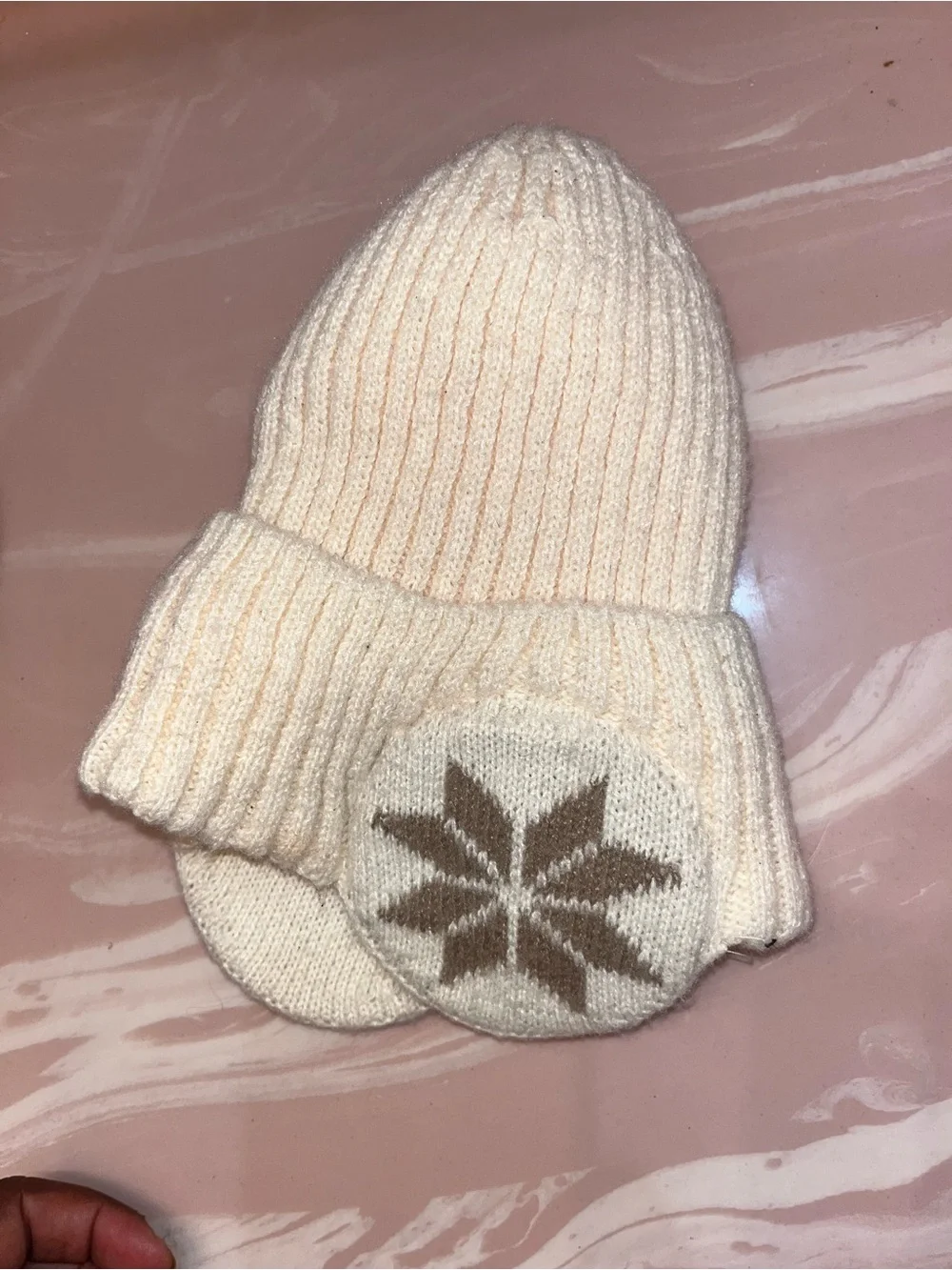 Cream Knit Winter Hat with Brown Star Ear Patches